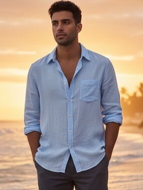 120% Lino Light Blue Button Down Collared‎ Shirt
